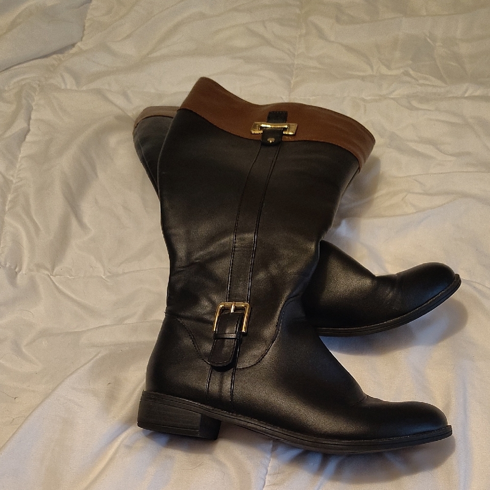 Black and Brown Riding Boots with Gold Buckles - Picture 1 of 4